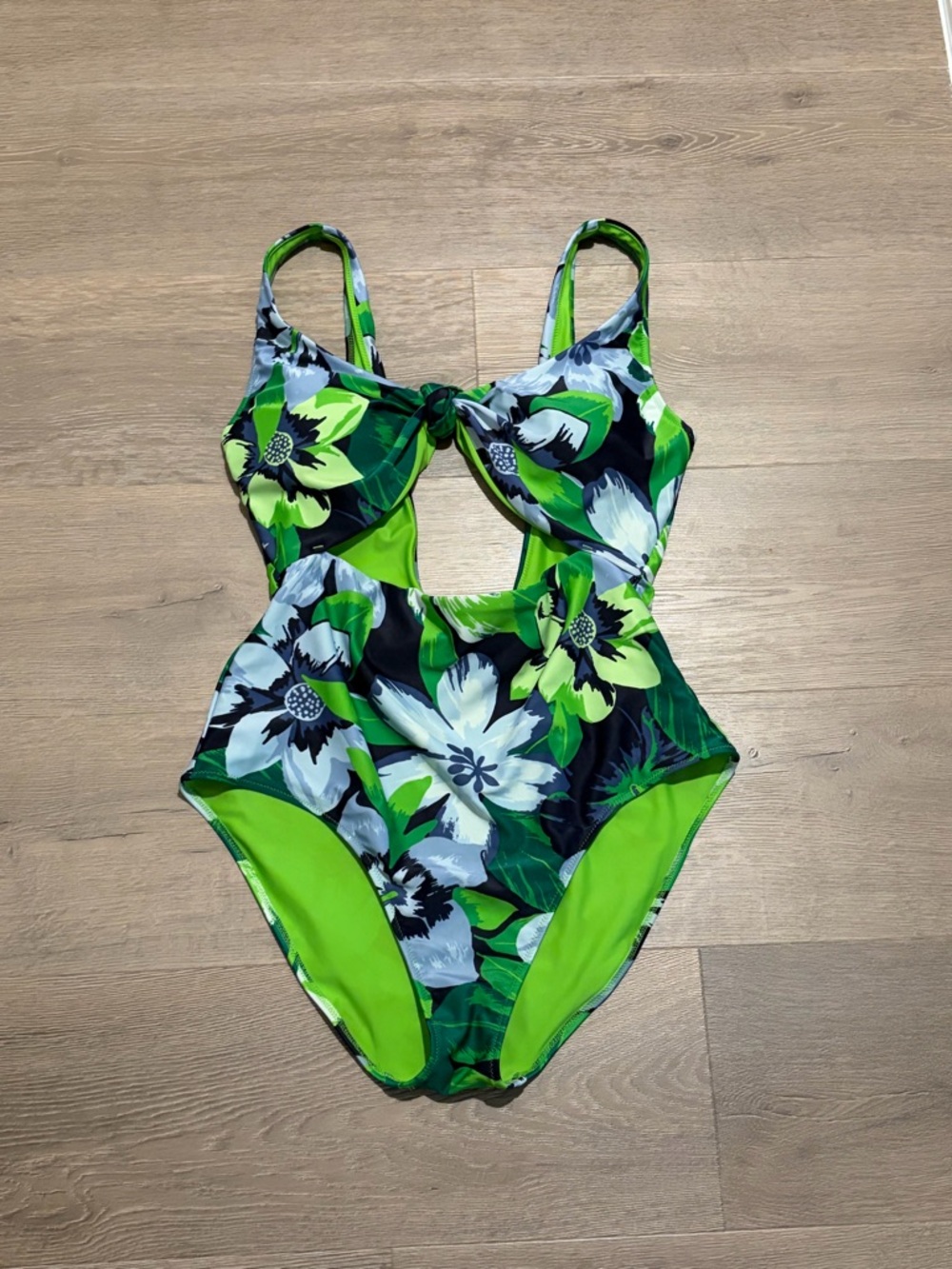 aerie Green Floral Cutout One-Piece Swimsuit